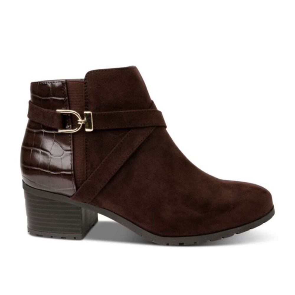 KAREN SCOTT Brown Ankle Booties Buckle Accent Almond Toe Block Heel Size 10 Wide